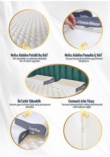 Visco Ortopedik Yastık Destekli Çift Yükseklik Yastık Taşıma Çantalı Beyaz Mavi
