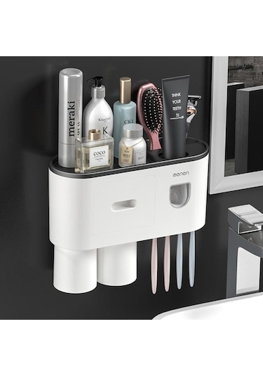 Siyah Mengnı Duvara Monte Manyetik Diş Fırçası Tutucu Su Geçirmez Diş Macunu Sıkacağı Tuvalet Otomatik Dağıtıcı Banyo Aksesuarları 2 Bardak Siyah