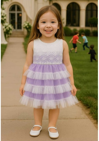 Kız Çocuk Güpür Tül Detaylı Pembe Mor Kat Kat Prenses Elbise Mor