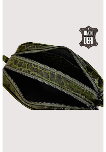 Hakiki Deri Kadın Çapraz Omuz Çantası Yeşil Kroko Smr8975 Yeşil Kroko