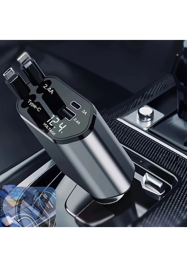 Honeybeeshop Type C Ve Ios İçin Metal Stil 66w Hızlı Araç Şarj Cihazı Teleskopik Kablolu 2 Usb Portlu İphone Samsung Xiaomi Uyumlu