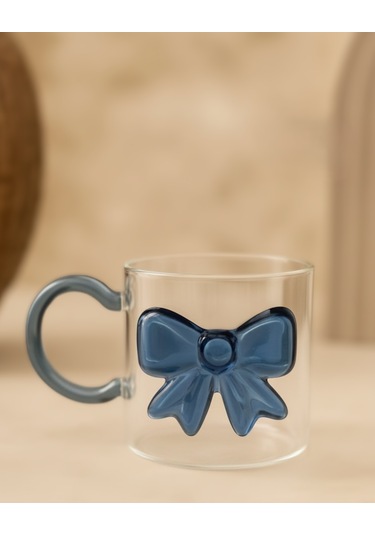 Lebron Borosilikat Cam Kupa Kurdelalı Şeffaf Kahve & Çay Bardağı Mavi