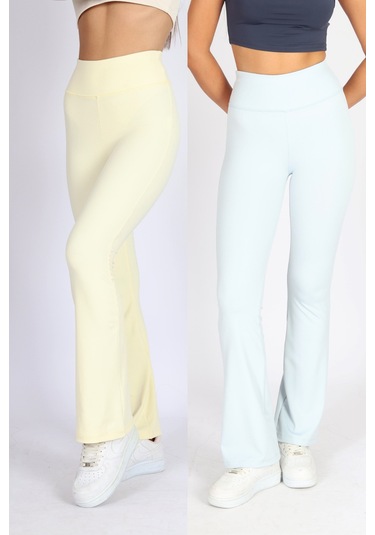 Soft&Basic Kadın 2'li İspanyol Paça Flare Yoga Tayt Pantalon Mavi-sarı