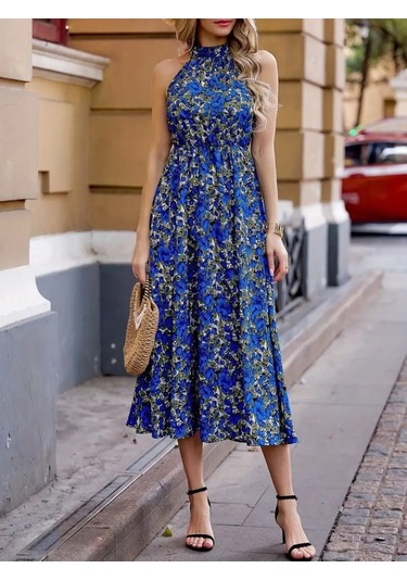 Kadın Omuzlardan Açık Daire Yaka Desenli Maxi Süprem Elbise Mavi