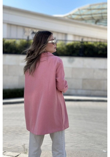 Kadın Pembe Astarlı, Kruvaze Ceket Yaka, Tek Düğme, Rahat Kalıp, Fitilli Kaşe Kumaş Kaban Pembe