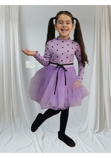 Puantiyeli Kız Çocuk Uzun Kollu Doğum Günü Ve Özel Günler İçin Tüllü Elbise Lila