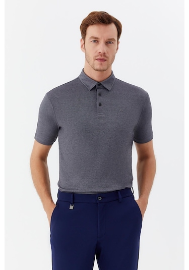 Sabri Özel Erkek Gri Dar Kesim Slim Fit Pamuklu Dokuma Düğmeli Polo Yaka Tişört Siyah