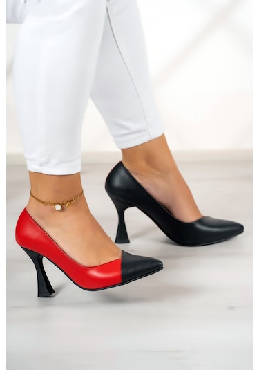 Jatqılı Plus Siyah Kırmızı Kadeh Topuklu Ayakkabı Siyah - Kırmızı