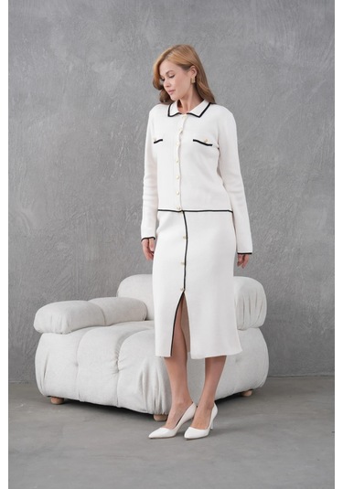 Kadın Polo Yaka Düğme Detay Ceket Uzun Etek İkili Triko Takım Taş