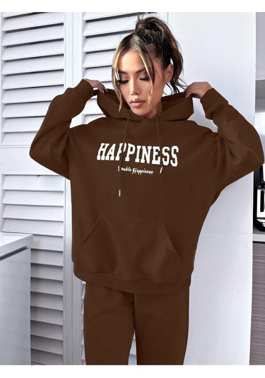 Happiness Eşofman Takımı Sweatshirt Jogger - Kahverengi Baskılı Oversize Şardonlu Kapüşonlu Kahverengi