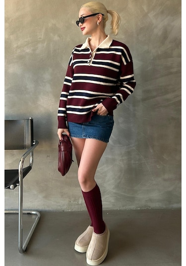 Madmext Bordo Çizgili Düğmeli Polo Yaka Kadın Triko Kazak Mg2280 Bordo