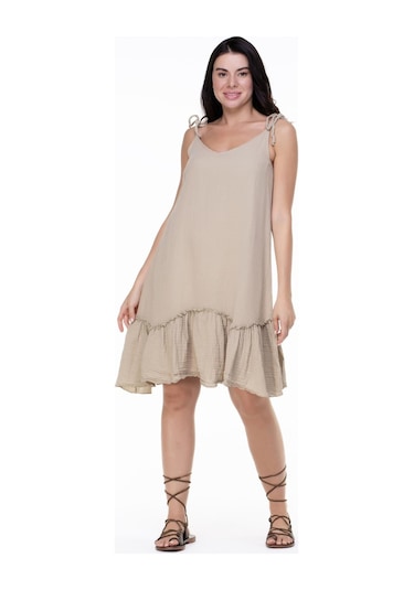 Askılı Müslin Serra Volanlı Kısa Elbise Vizon Vzn-vizon
