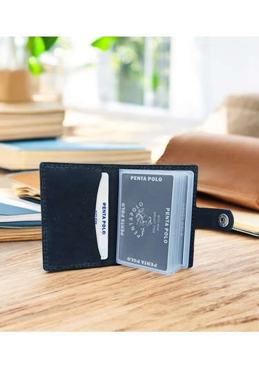 Cronder Hakiki Deri Şeffaf Bölmeli Kartlık Cüzdan Siyah