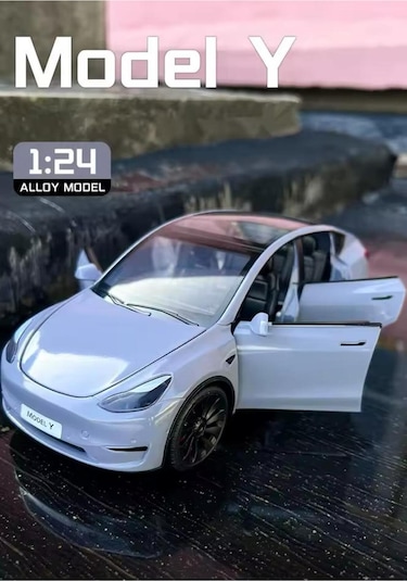 Tesla Model Y 1:24 Ölçek Diecast Döküm Model Araba Sesli Işıklı Gri Jarj İstasyonlu Model