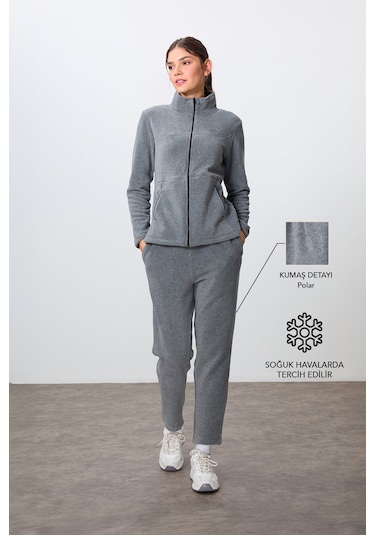 Tommy Life Gri Melanj Kalın Yumuşak Dokulu Dik Yaka Oversize Nakışlı Polar Kadın Eşofman Takım -95339 GRİ MELANJ