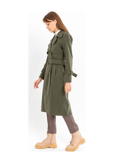 Pastelastore %100 Pamuk Gabardin Uzun 110cm Astarlı Kemerli Kadın Trençkot 1111 Haki