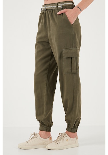 Lela Pamuklu Standart Fit Normal Bel Lastikli Paça Kemerli Jogger Bayan Pantolon 668Yp5045 Haki