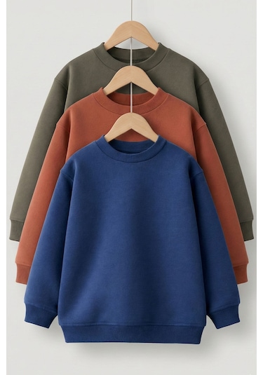 Zuzunga 3'lü Basic Şardonlu Çocuk Sweatshirt Kahverengi-haki-lacivert