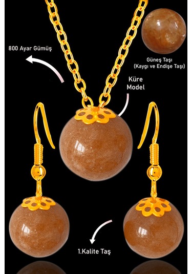 Sertifikalı Orijinal Gold Küre Model Güneş Taşı Kolye Ve Küpe Set Çok Renkli