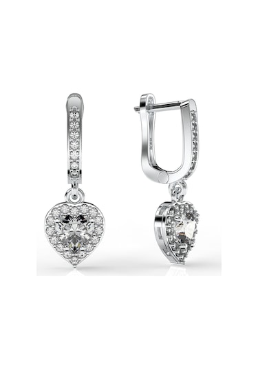 925 Ayar Zirkon Taşlı Rodyum Pırlanta Işıltılı Sallantılı Kalp Gümüş Küpe Gümüş