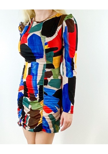Modaonna Kadın Geometrik Desen Renkli Tasarım Elbise