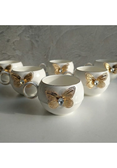 Alfafe Home Kelebek Detaylı 6 Lı Türk Kahvesi Fincan Takımı Gold Porselen Set Şık Çeyiz & Misafir Sunumluk Altın