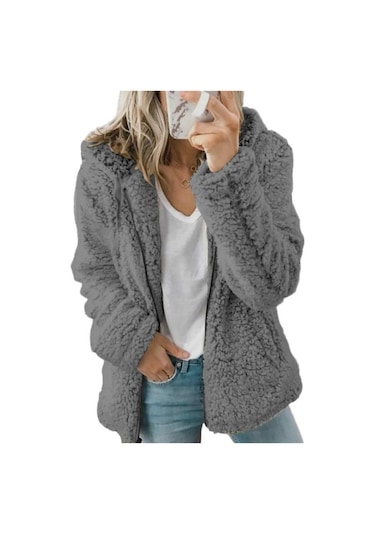 Kürklü Kapüşonlu Kabarık Peluş Kadın Mont - Kahverengi