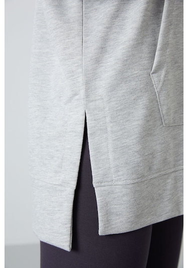 Tommy Life Gri Melanj Balon Kol Yazı Nakışlı Kadın Oversize Tunik Sweatshirt - 97163 Gri Melanj