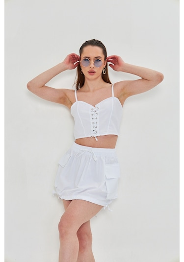 Kutaf Günlük Yazlık Crop Top Ve Şort Etek Takımı - Rahat & Şık Beyaz