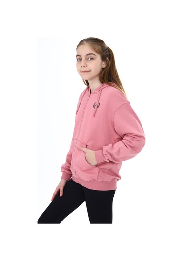 Toontoy Kız Çocuk Kapüşonlu Fermuarlı Cepli Düşük Omuz Nakış Baskılı Örme Hırka - 2 İplik Gül Kurusu