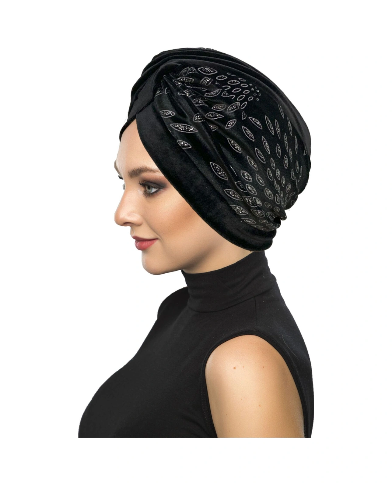 Kadife Özel Tasarım Gümüş Badem Desenli Siyah Hazır Türban Tesettür Bone Siyah-gümüş Badem Desenli