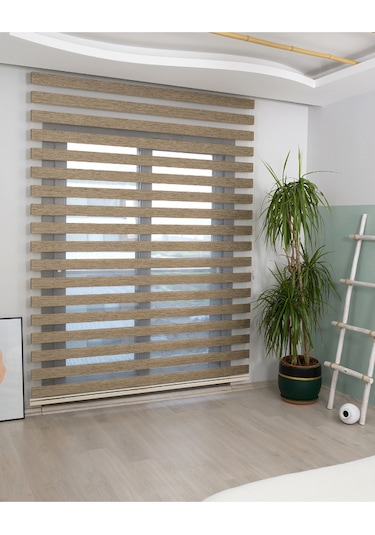 Bambu Kumaş Krem Zebra Stor Perde Kahverengi Alüminyum Kasalı Kahverengi