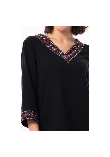 Truvakar Kol V Yaka Nakışlı Talya Şile Bezi Yazlık Bluz Siyah Syh-siyah