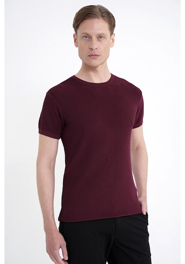 Efor Comfort Fit Rayon Karışımlı Bordo Bisiklet Yaka Tişört Ts 925