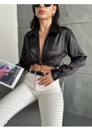Kadın Oversize Siyah Renk Saten Gömlek-siyah Siyah