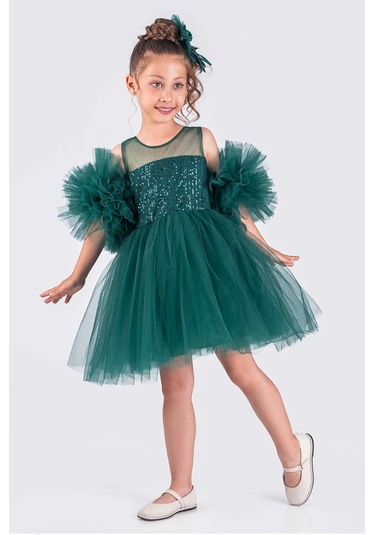 Kız Çocuk Abiye Elbise Ponpon Kol Pul Payetli Tütülü Yeşil