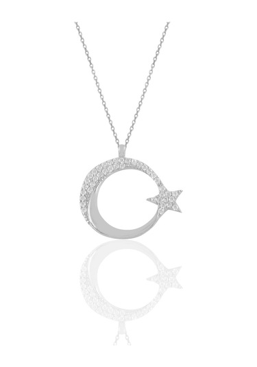 Söğütlü Silver Gümüş Rodyumlu Zirkon Taşlı Ay Yıldız Kolye