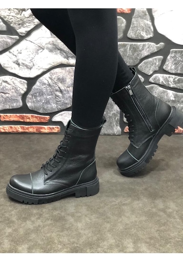 Umut Hakiki Deri Kışlık Kauçuk Taban Postal Kadın Bot Sıyahsıyah