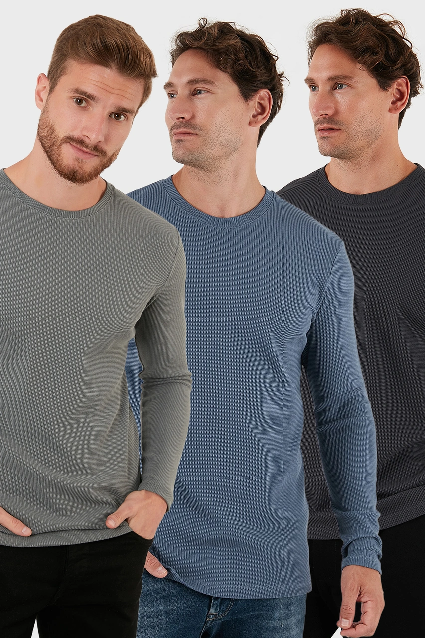 Buratti Pamuklu Bisklet Yaka Slim Fit Basic 3'Lü Paket Erkek Sweat 5905073S3 Antrasit-Açık Haki-Koyu Gri