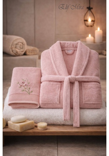 Tek Kişilik Banyo Havlulu Bornoz Seti Pamuklu Bukle Şalyaka Nuvia Pembe