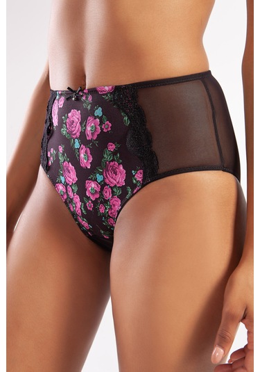 Golshan Gardenia Control Slip, Kadın Dantelli Çiçek Baskılı Siyah Yüksek Bel Külot Çok Renkli