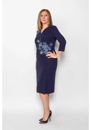 Ezze Kadın Büyük Beden İthal Nakış Aplike İşlemeli Abiye Elbise 4205 Lacivert Lacivert