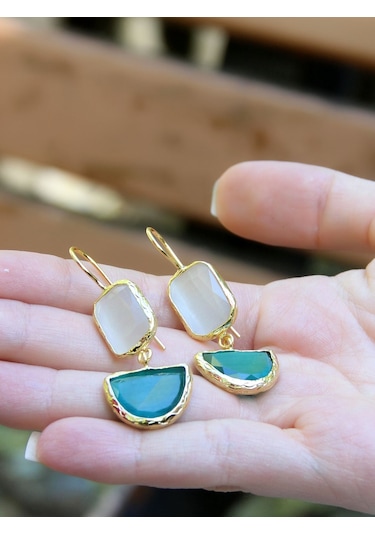 İkili Model Kedigözü Cam Sallantılı Kadın Küpe Euku26y Yeşil