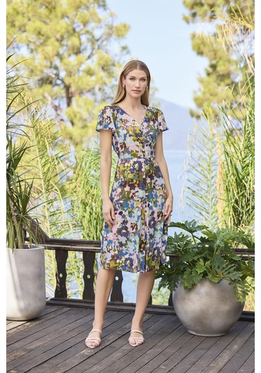 Monamise Kadın Desenli Önü Düğmeli Kısa Kollu V Yaka Elbise 25049 Mor