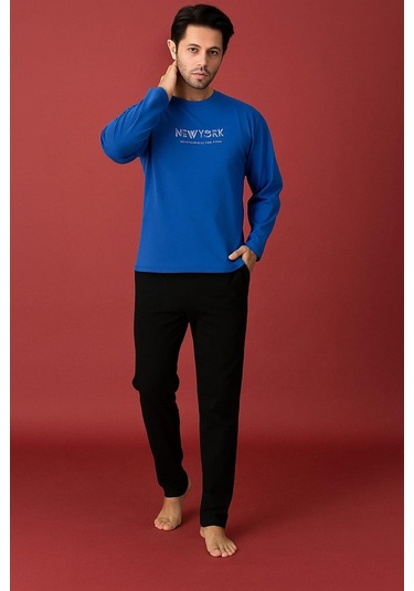 Erkek 1921 Uzun Kol % 100 Pamuk Pijama Takımı Mavi Mavi
