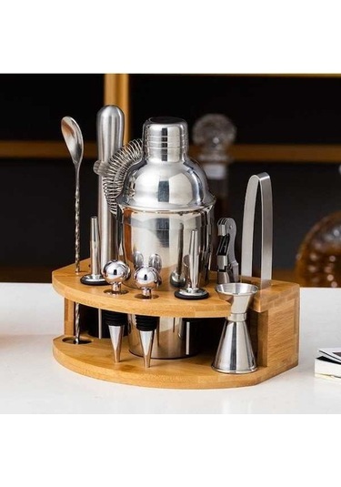 Pazly By-f12 Yarım Daire Ahşap Tabanlı Bar Shaker Seti 550ml Paslanmaz Çelik Ve Bambu İle Etkili Filtre