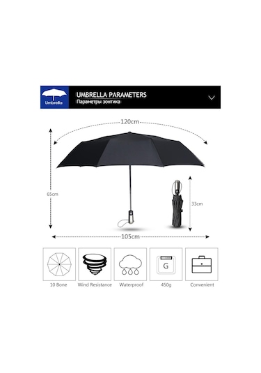 Açılır Kapanabilir Unisex Tam Otomatik Şemsiye 10 Telli Siyah
