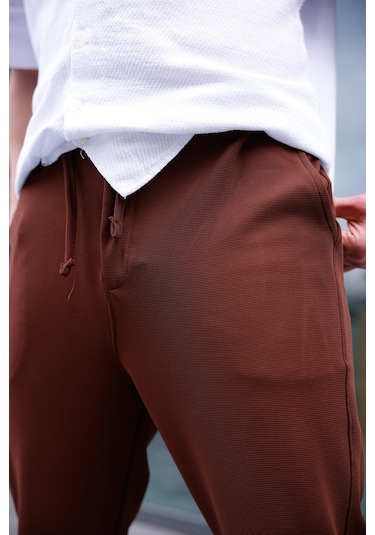 Erkek Kahve Renk Likralı Kumaş Jogger Pantolon-1757 Kahve Kahverengi