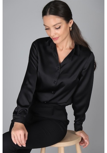 Sweetness Kadın Siyah Saten Gömlek Siyah