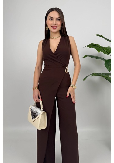 Crimson Icon Kadın Kemer Detaylı Askılı Bol Paça Kahve Tulum Rahat Şık Yazlık Kombin Kahve